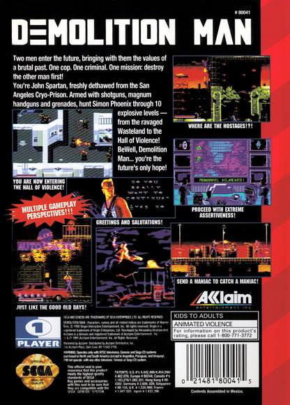 Demolition Man Sega Genesis GEN for retro video game enthusiasts featuring action shooter gameplay movie inspired adventure futuristic combat side scrolling missions explosive weapons intense enemy encounters and collectible gaming appeal back cover