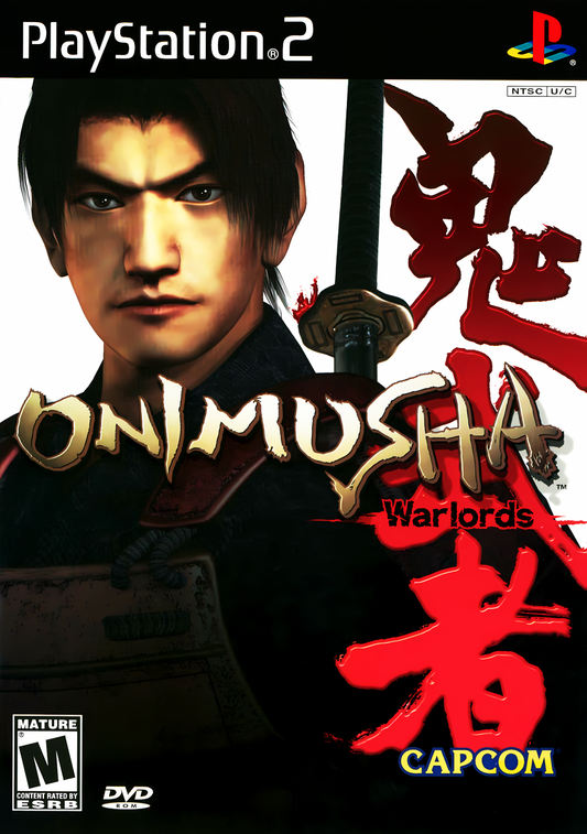 Onimusha Warlords PS2 Sony PlayStation 2 action adventure hack and slash samurai combat survival horror demons Oni magic sword fighting Capcom feudal Japan story gameplay puzzle exploration retro gaming PlayStation 2 software video game title cover art
