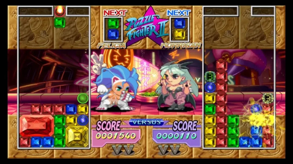 Super Puzzle Fighter II [CIB] for Game Boy Advance (GBA) featuring fast competitive gem dropping puzzle battles with chibi versions of Capcom fighters; chain combos send counter gems and outsmart opponents in this addictive complete in box arcade style classic gameplay screenshot