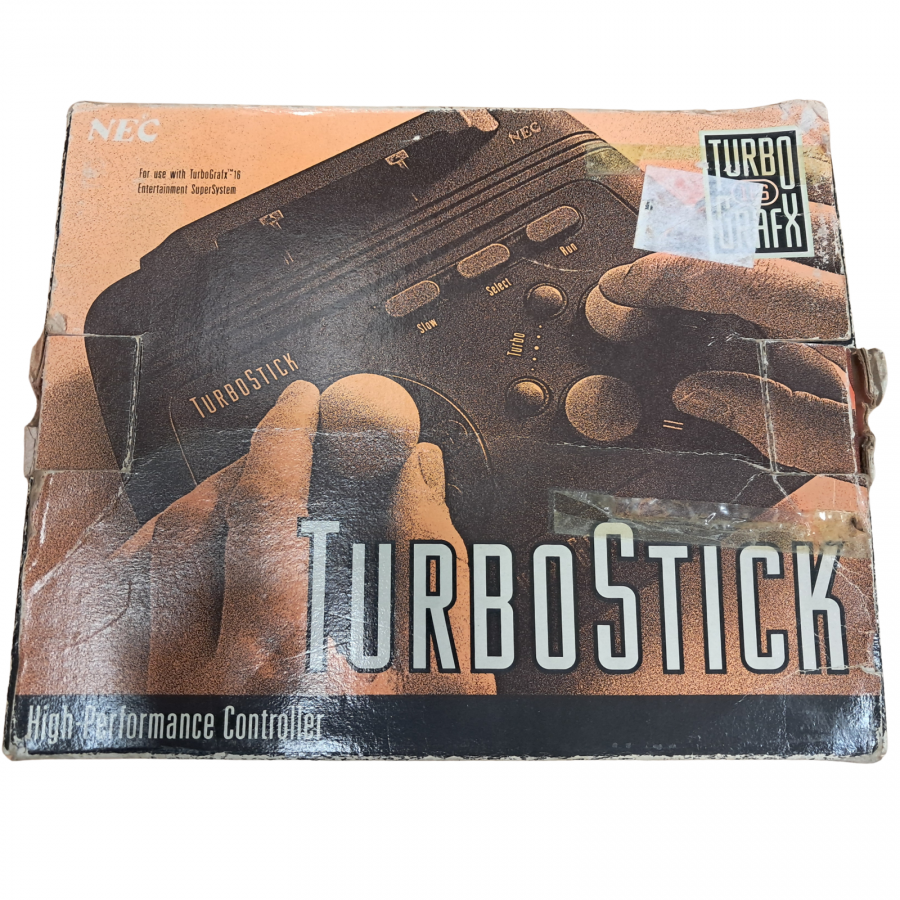 Turbo Stick Complete in Box TurboGrafx TG for retro video game enthusiasts featuring official gaming controller hardware arcade style joystick design responsive directional controls authentic TurboGrafx compatibility vintage gaming accessory functionality complete in box collector presentation and collectible gaming appeal box front 