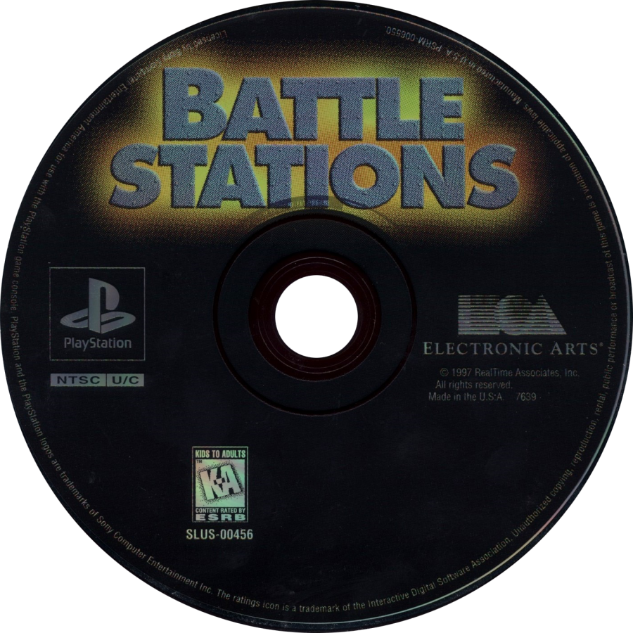 Battle Stations disc cover art for PlayStation 1 (PS1) ship battle video game.