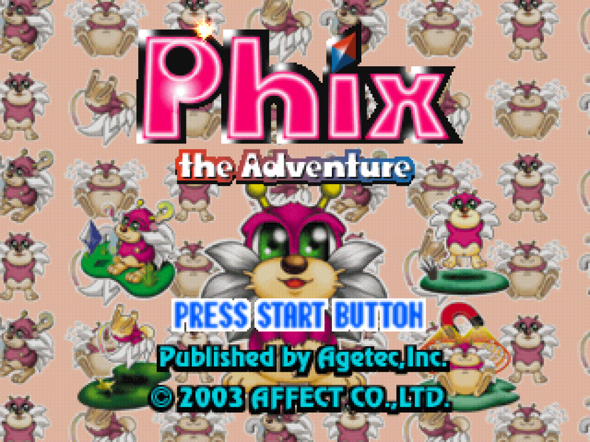 Phix: The Adventure PlayStation 1 PS1 for action platformer retro video game fans featuring colorful fantasy worlds puzzle solving creative platforming whimsical characters hidden secrets challenging levels classic PlayStation adventure collectible gaming appeal title screen