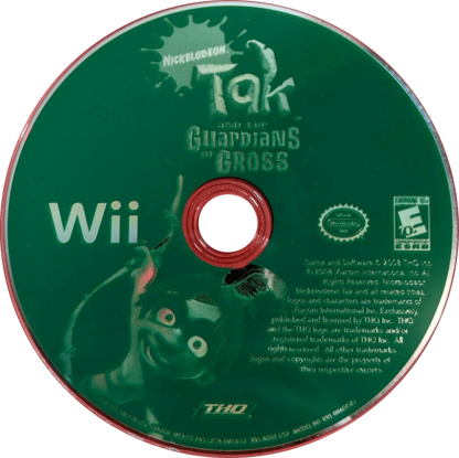 Tak and the Guardians of Gross game for the Nintendo Wii featuring action adventure gameplay with motion controls puzzle solving platforming elements and humorous story driven missions as Tak battles gross themed enemies and saves the jungle disc
