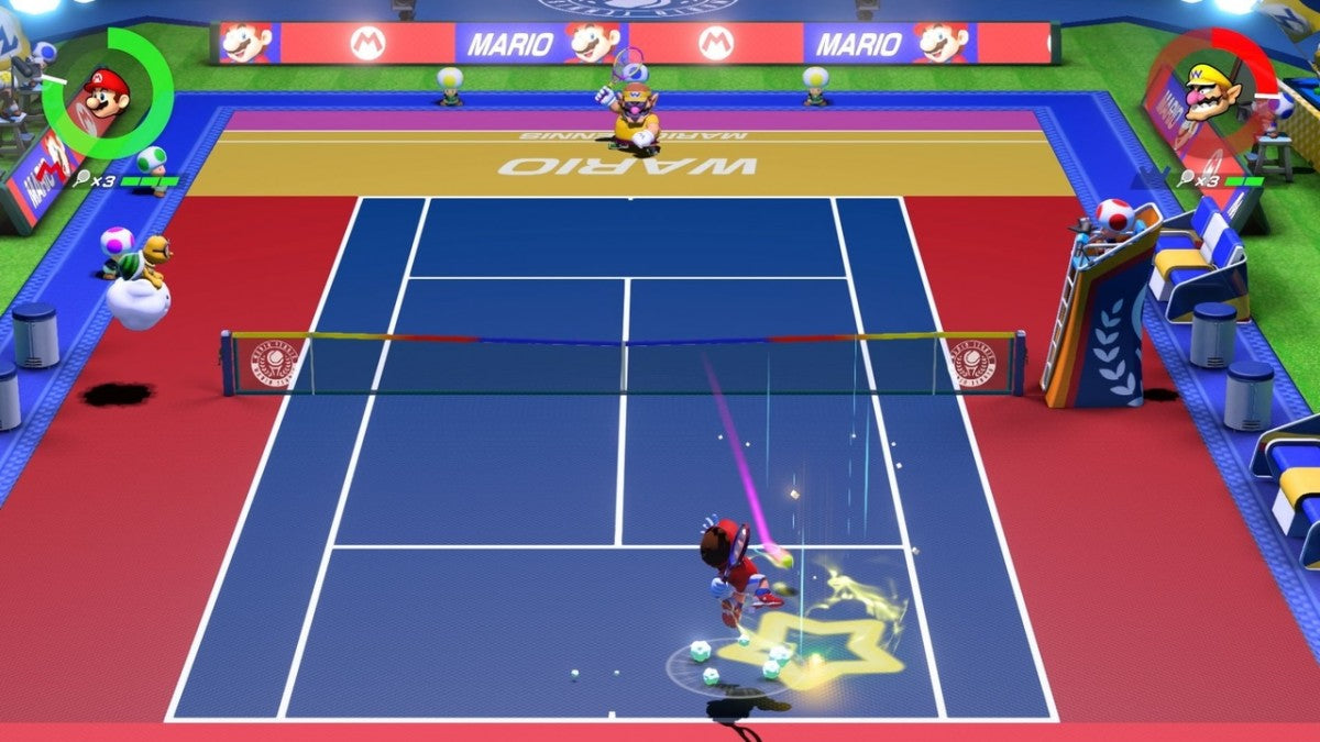 Mario Tennis Aces for Nintendo Switch (NS) featuring fast-paced tennis where Mario and friends use powerful Zone Shots and Special Shots to dominate the court; enjoy the return of a dedicated Story Mode and intense online tournaments in this strategic, high-energy sports title gameplay screenshot