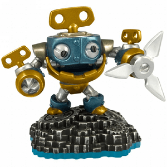 Wind Up Skylanders Swap Force figure, tech element clockwork robot with key wind mechanism, mechanical arms and gear details, posed in action stance, detailed collectible toy on portal base from Skylanders Swap Force series