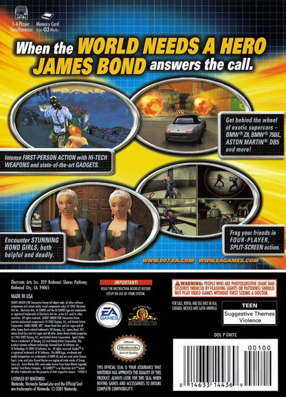 007 Agent Under Fire Player’s Choice edition game for the Nintendo GameCube featuring first person shooter gameplay with mission based objectives stealth segments driving levels and gadgets as James Bond in an original storyline back cover