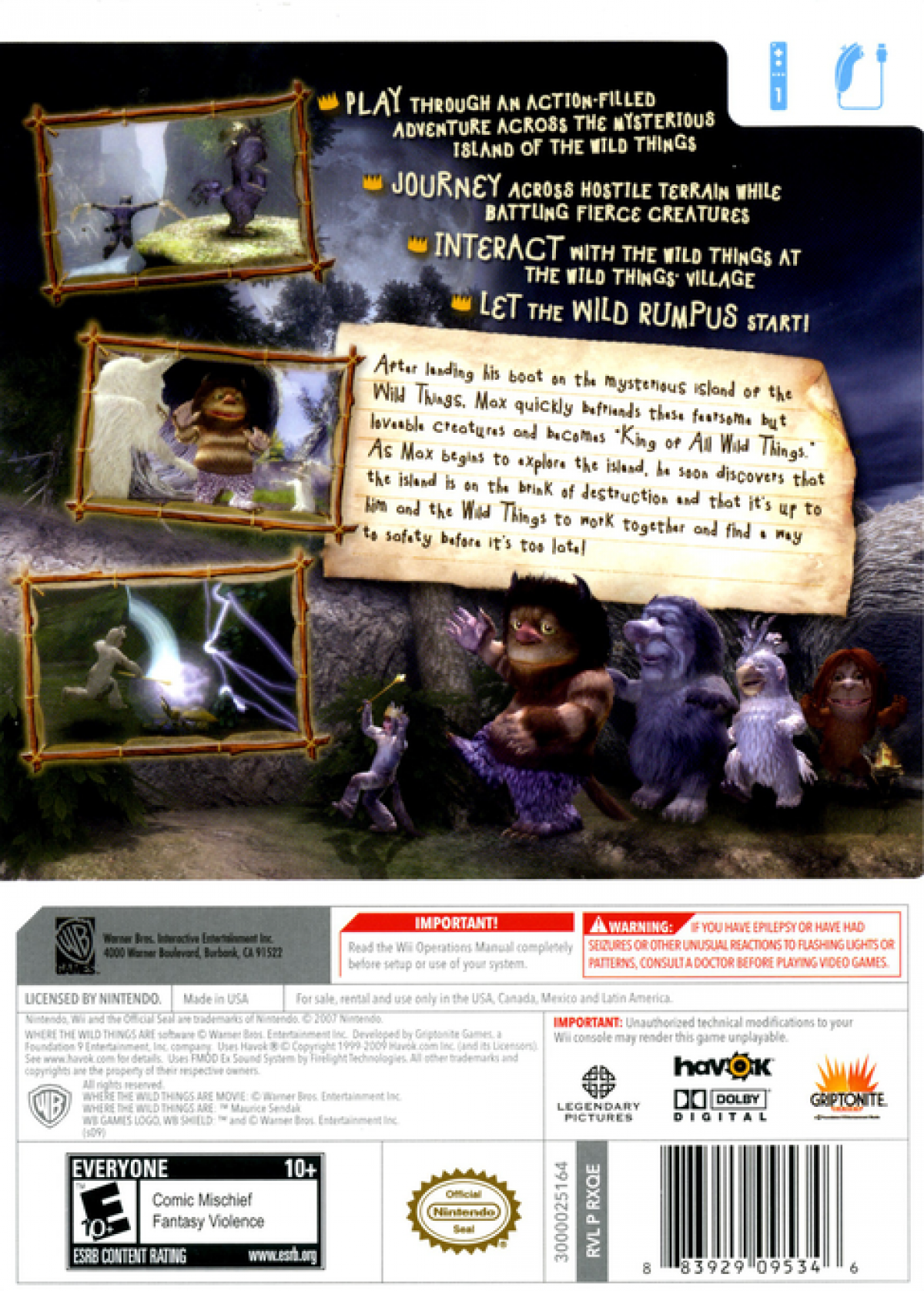 Where the Wild Things Are back cover art for Nintendo Wii (Wii) featuring action‑adventure gameplay inspired by the classic story, with exploration, platforming, and creature‑filled environments.