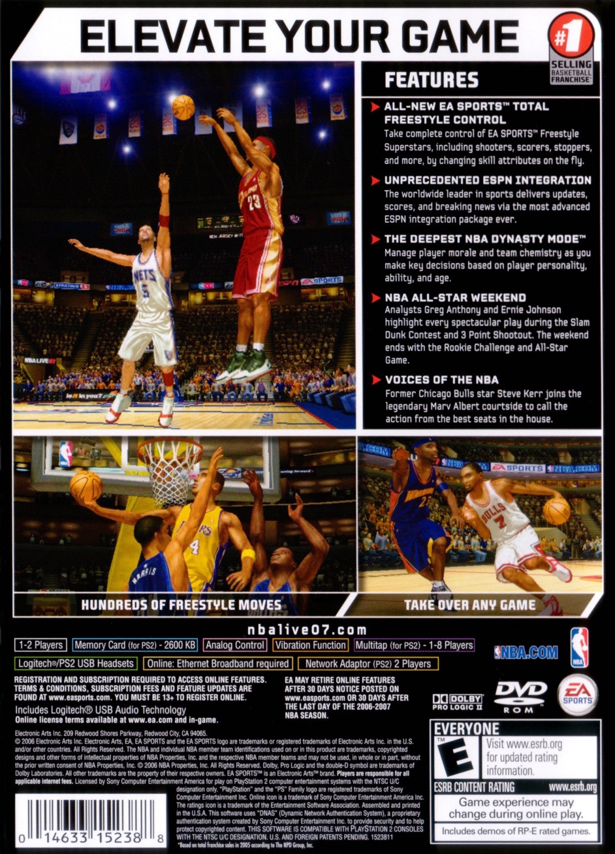 NBA Live 2007 PlayStation 2 inspired design featuring realistic basketball simulation aesthetic licensed NBA teams and players authentic arena atmosphere fast paced court action franchise mode gameplay competitive sports gaming nostalgic PS2 presentation back cover 