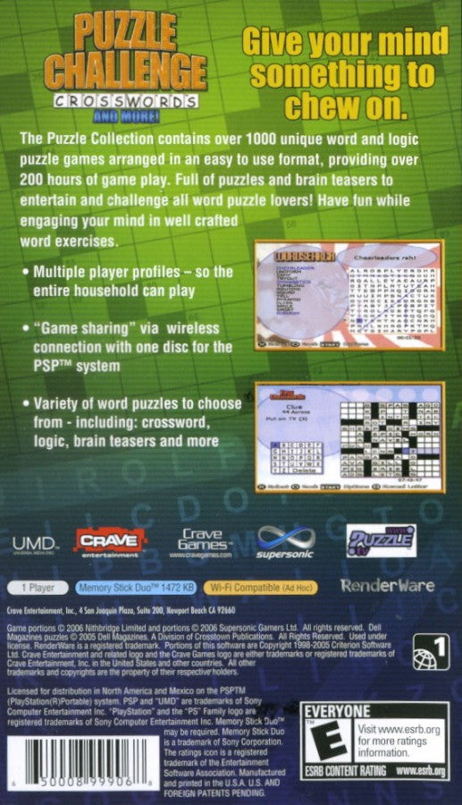 Puzzle Challenge: Crosswords and More back of case for PlayStation Portable (PSP) puzzle and word game