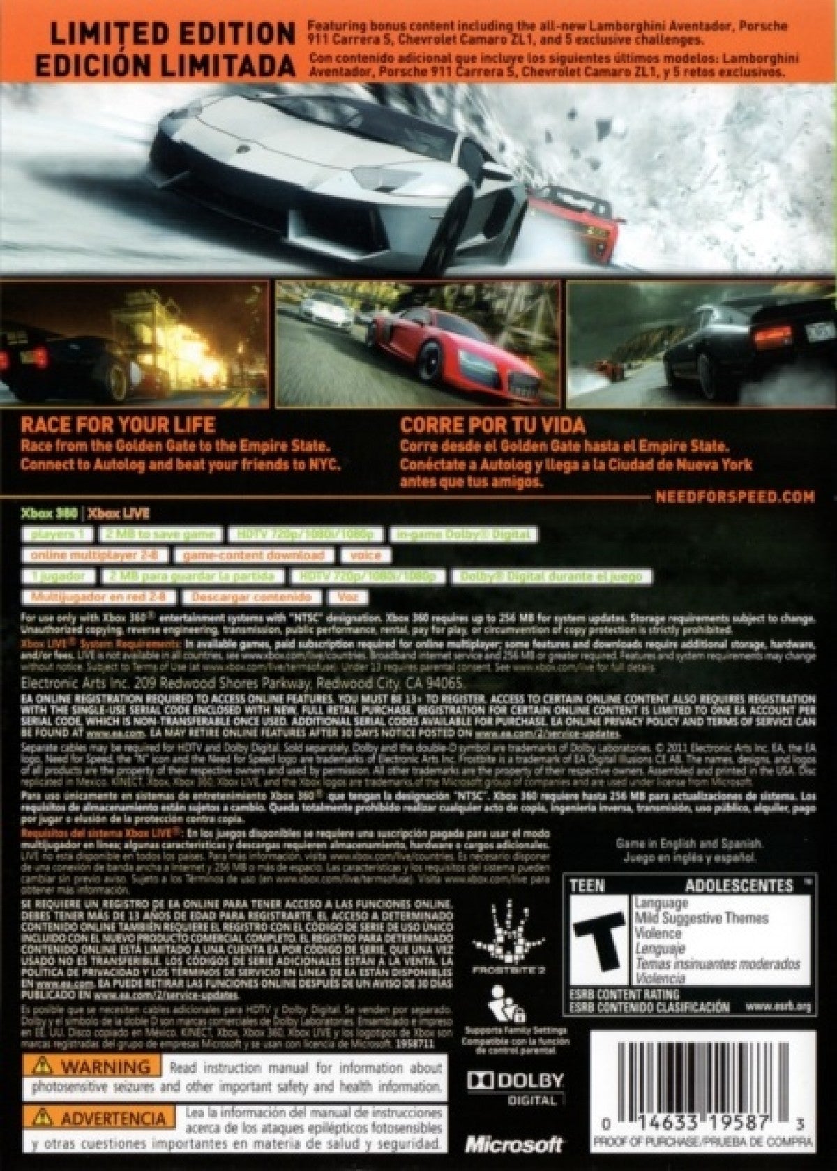 Need for Speed The Run Limited Edition Xbox 360 for racing video game fans featuring high speed cross country racing cinematic storyline exotic sports cars intense police chases vehicle customization quick time events multiplayer competition adrenaline fueled driving action collectible gaming appeal back cover art