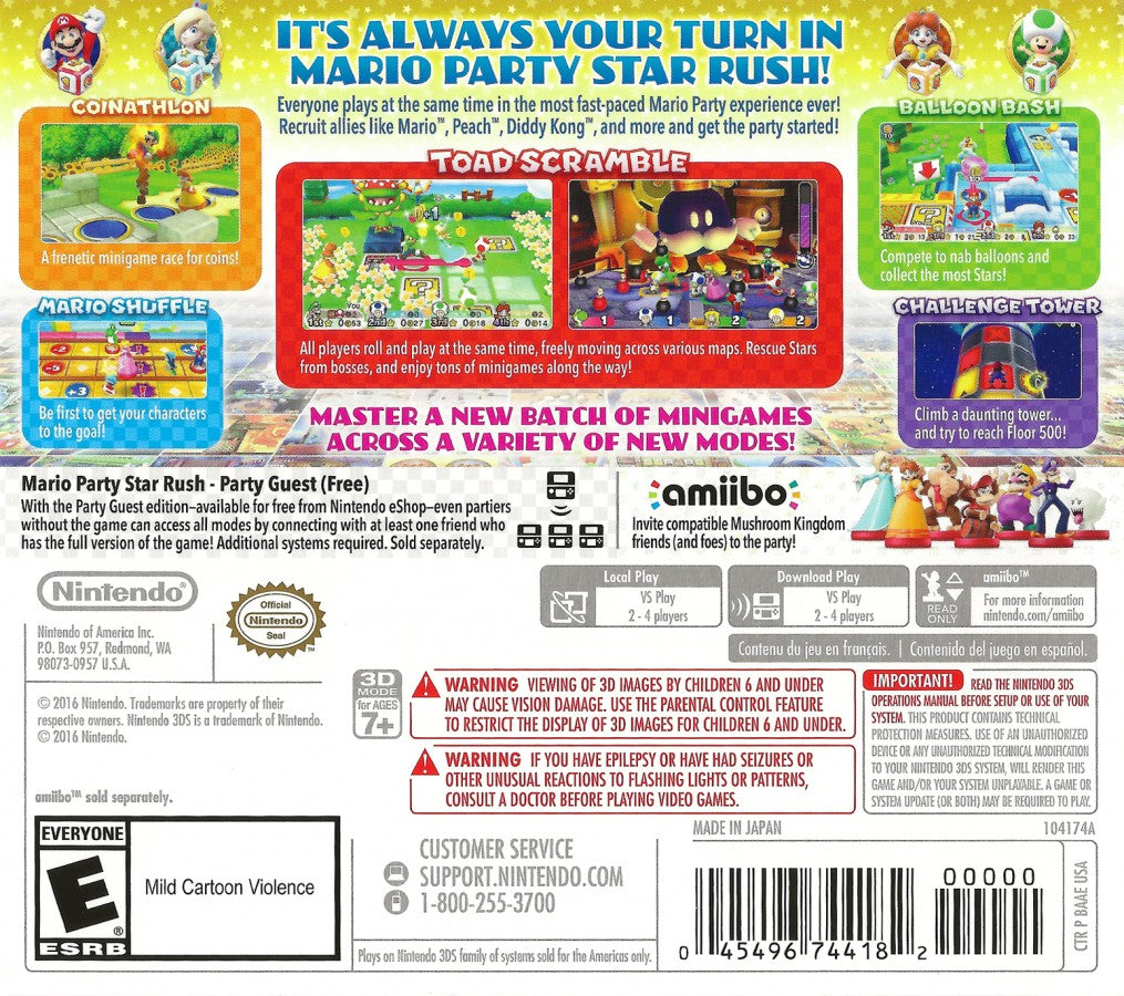Mario Party Star Rush Nintendo 3DS game featuring party style gameplay with fast paced mini games multiplayer modes and simultaneous movement mechanics across colorful boards with Mario and friends back cover 