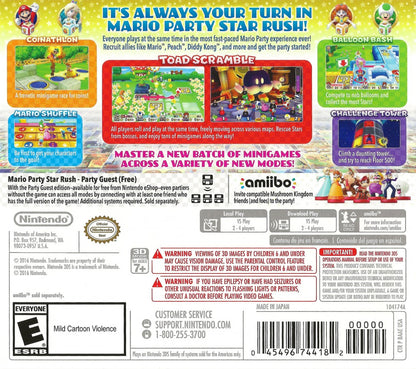 Mario Party Star Rush Nintendo 3DS game featuring party style gameplay with fast paced mini games multiplayer modes and simultaneous movement mechanics across colorful boards with Mario and friends back cover 