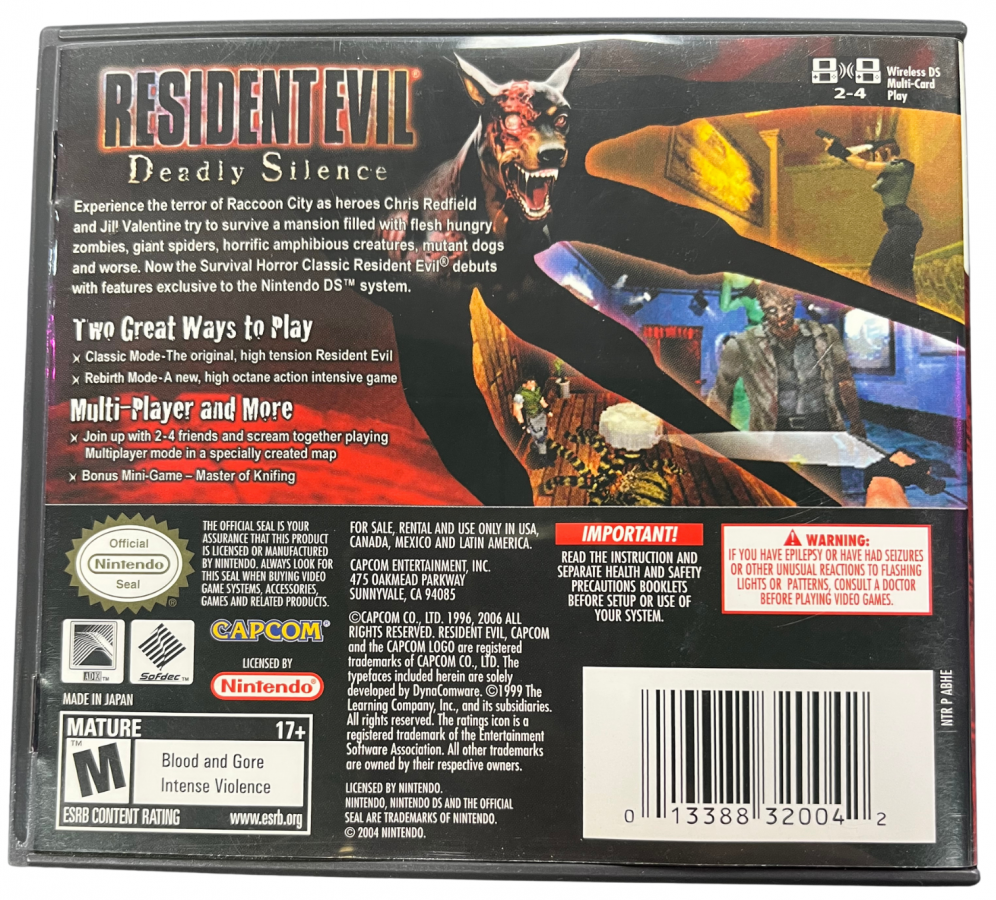 Resident Evil Deadly Silence Nintendo DS DS survival horror video game featuring zombie survival combat exploration eerie environments puzzles inventory management weapons dangerous creatures and classic Resident Evil gameplay enhanced for Nintendo DS DS with touch screen controls collectible back cover 