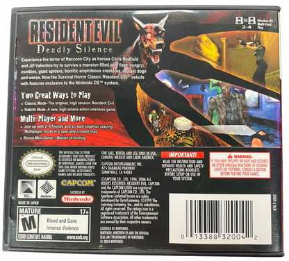 Resident Evil Deadly Silence Nintendo DS DS survival horror video game featuring zombie survival combat exploration eerie environments puzzles inventory management weapons dangerous creatures and classic Resident Evil gameplay enhanced for Nintendo DS DS with touch screen controls collectible back cover 
