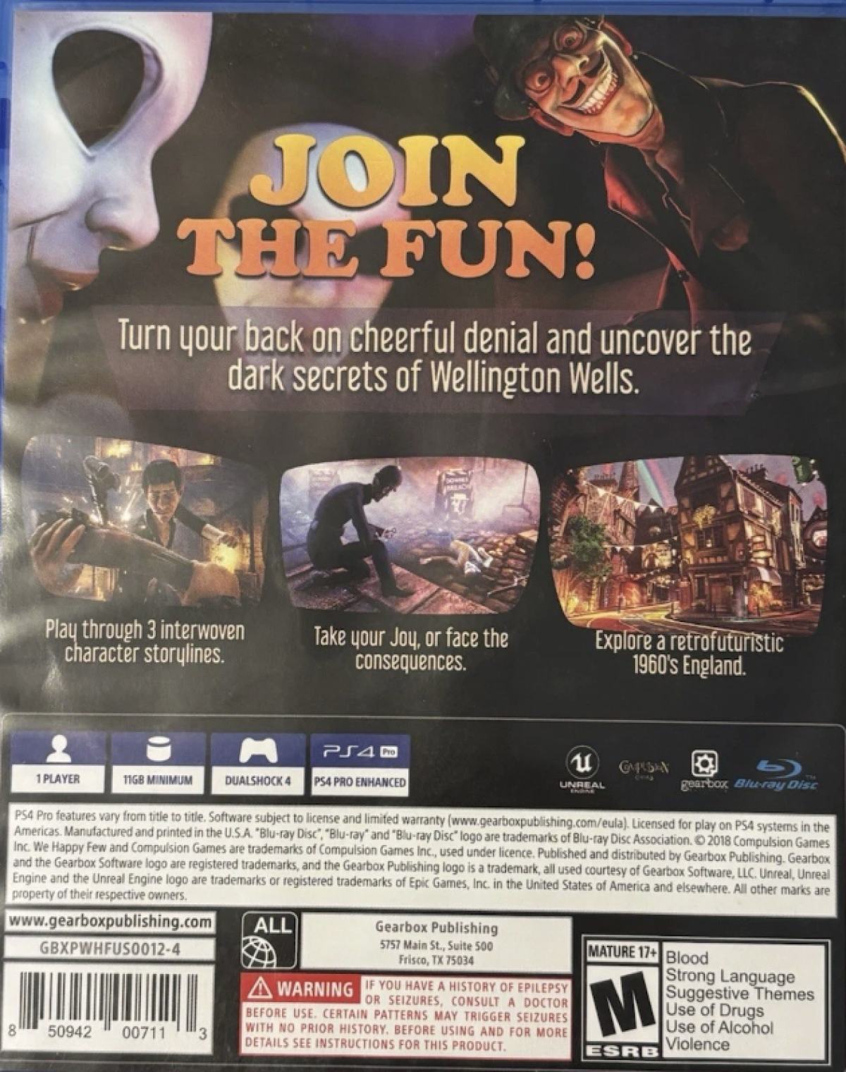 We Happy Few – PlayStation 4 (PS4) video game back of case, dystopian action-adventure.