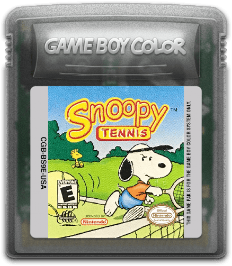 Snoopy Tennis for Game Boy Color, cartridge for a sports arcade video game with tennis gameplay, character-based matches, cartoon-style visuals, and casual competitive gameplay