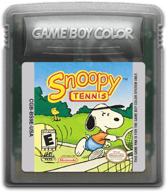 Snoopy Tennis for Game Boy Color, cartridge for a sports arcade video game with tennis gameplay, character-based matches, cartoon-style visuals, and casual competitive gameplay