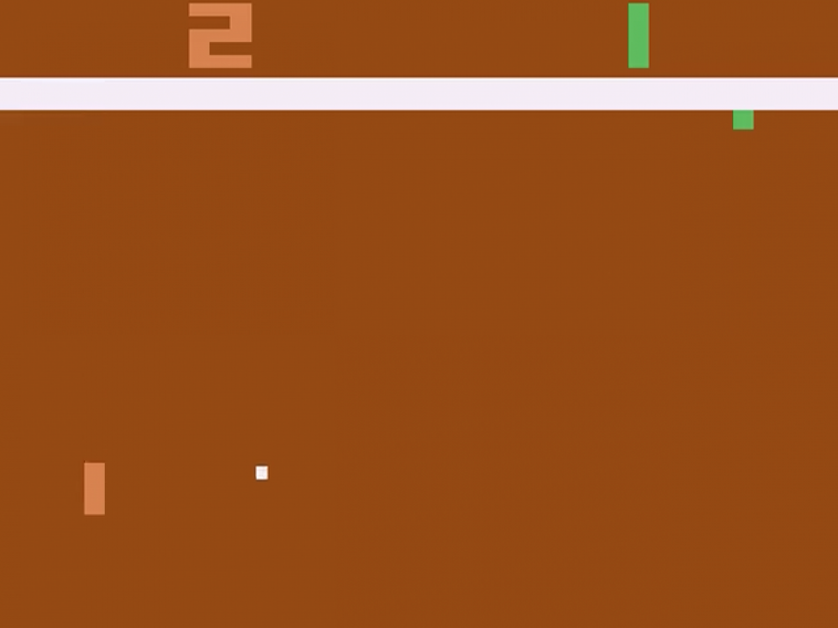 Video Olympics Text Label for Atari 2600, gameplay for a sports arcade video game with Pong-style gameplay, paddle controls, multiplayer modes, and classic bat-and-ball competition