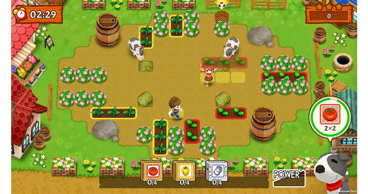 Harvest Moon: Mad Dash for PlayStation 4 (PS4) featuring a fast-paced, arcade-style farming puzzle game where you must harvest, fish, and milk cows under pressure; navigate chaotic levels solo or with friends in local co-op as you race to restore a broken lighthouse in this frantic spin-off of the classic simulation series gameplay screenshot