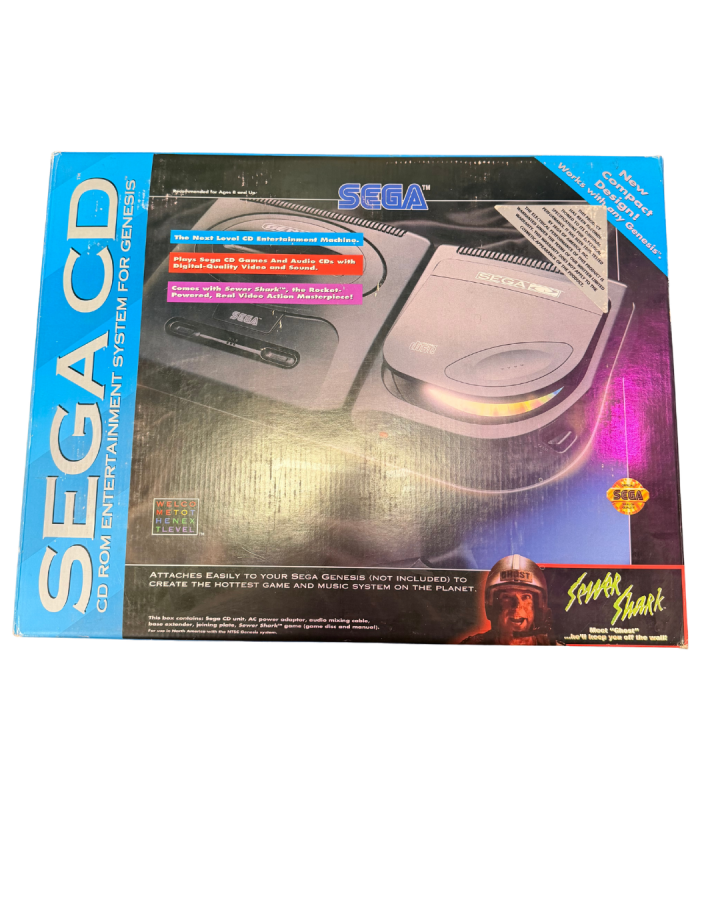 Sega CD Model 2 add on for the Sega Sega Genesis compact disc based gaming expansion improved hardware full motion video CD audio enhanced games side loading design retro gaming hardware accessory 1990s console technology front of box