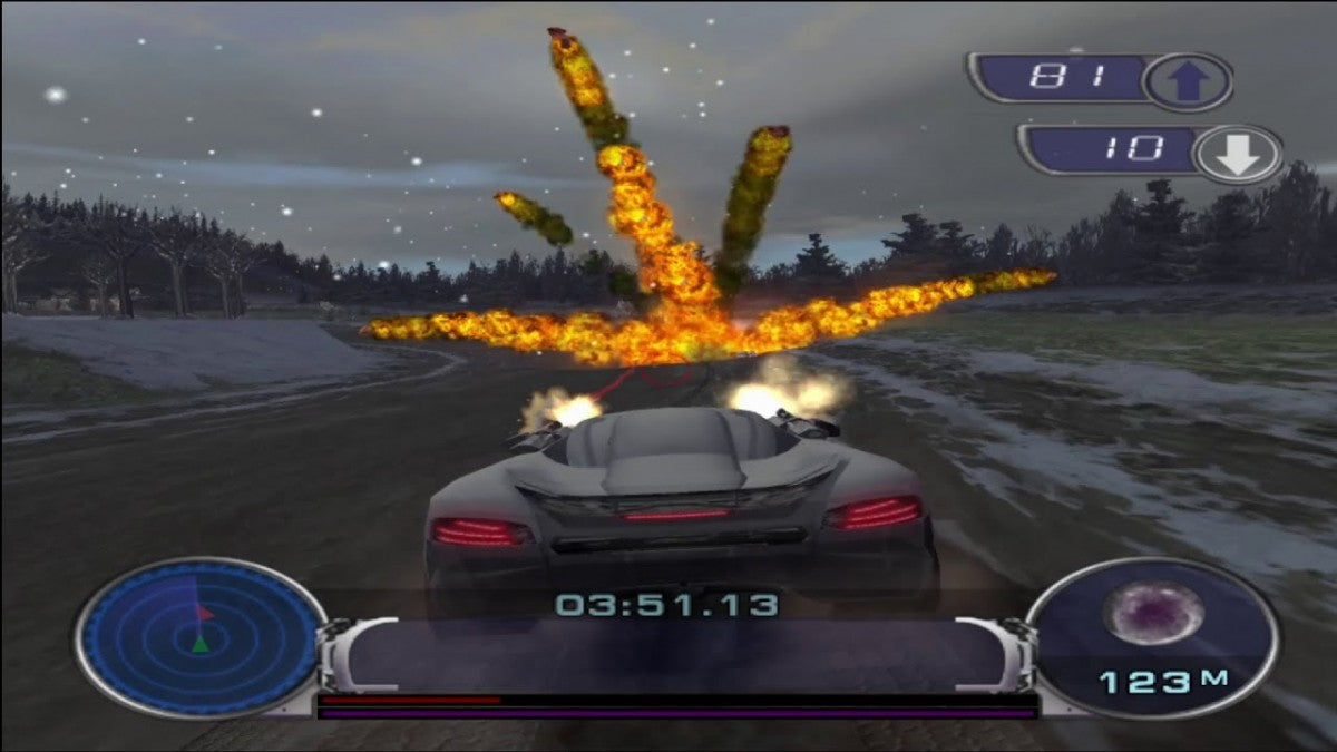 Spy Hunter 2 Xbox XBOX video game featuring vehicular combat action gameplay high speed spy car driving weapon equipped vehicles enemy pursuit missions machine guns missile attacks road combat explosive obstacles secret agent action and classic Xbox arcade driving gameplay retro video game collection collectible gaming appeal gameplay screenshot