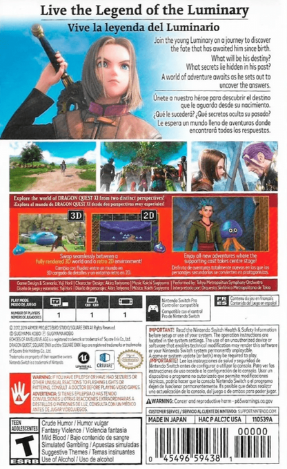 Dragon Quest XI S Echoes of an Elusive Age back of box for Nintendo Switch NS video game