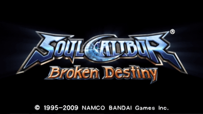 SoulCalibur: Broken Destiny for PlayStation Portable (PSP) at Gamers INC, featuring the premier handheld entry in the legendary weapon-based fighting series that brings the fluid 8-way run system and deep character customization of SoulCalibur IV to the PSP, including over 20 iconic warriors—plus the exclusive guest appearance of God of War’s Kratos—for intense, high-fidelity duels anywhere you go main menu title screen