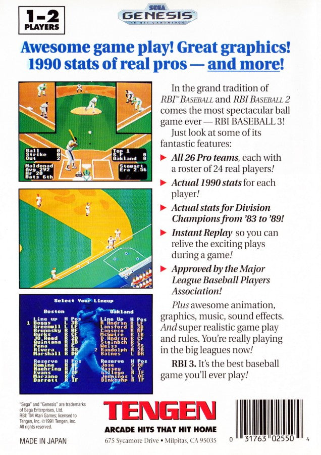 RBI Baseball 3 back cover art for Sega Genesis (GEN) video game
