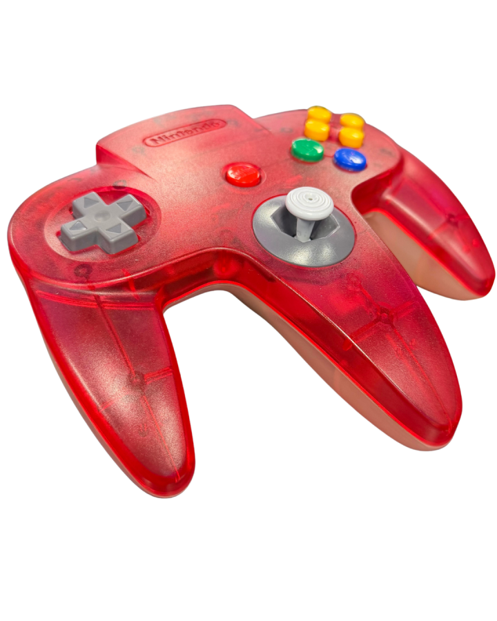 Front view of clear and red Nintendo 64 controller original wired gaming accessory
