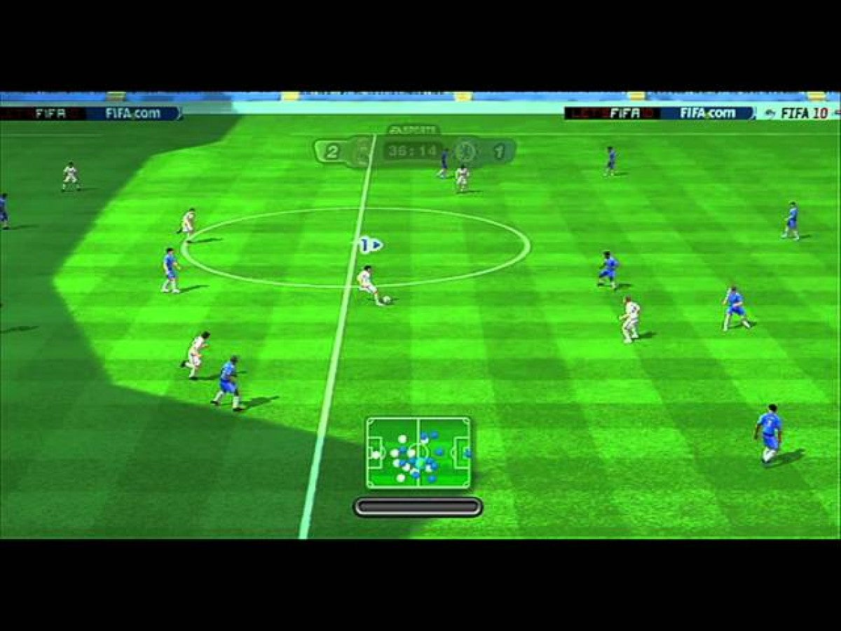 FIFA Soccer 10 Nintendo Wii video game, soccer sports simulation, motion-controlled gameplay, multiplayer, EA Sports title gameplay screenshot