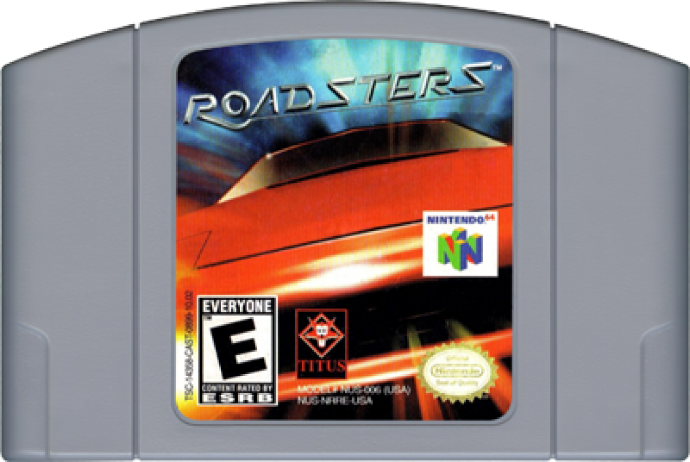 Roadsters Nintendo 64 N64 for arcade racing video game fans featuring high speed sports cars colorful tracks challenging race events vehicle customization drifting power ups multiplayer competition and fast paced classic Nintendo 64 racing gameplay collectible gaming appeal game cartridge
