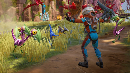Journey to the Savage Planet Nintendo Switch inspired design featuring colorful sci fi exploration adventure aesthetic alien world discovery quirky humor cooperative gameplay exotic creatures vibrant environments first person action and survival presentation gameplay 