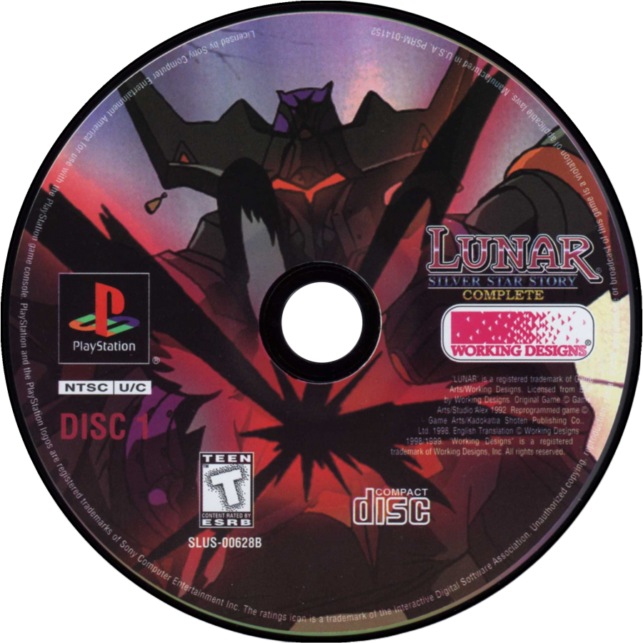Lunar: Silver Star Story Complete for PlayStation 1 4 disc JRPG set including game discs making of disc and soundtrack featuring anime cutscenes turn based combat fantasy adventure story disc 1 