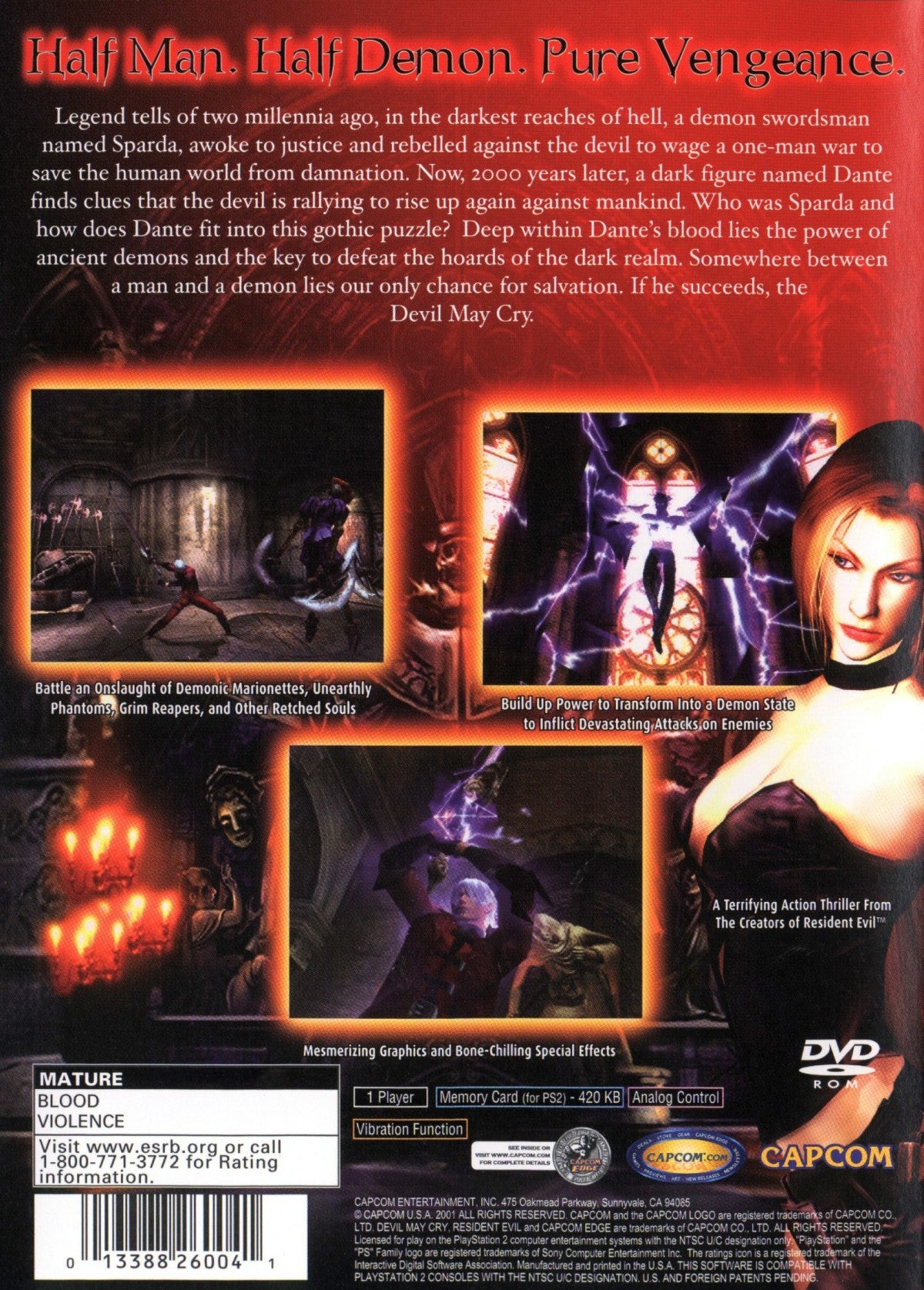 Devil May Cry game for the PlayStation 2 featuring stylish action hack and slash gameplay with fast paced combat platforming and a gothic story following Dante battling demons and supernatural enemies back cover 