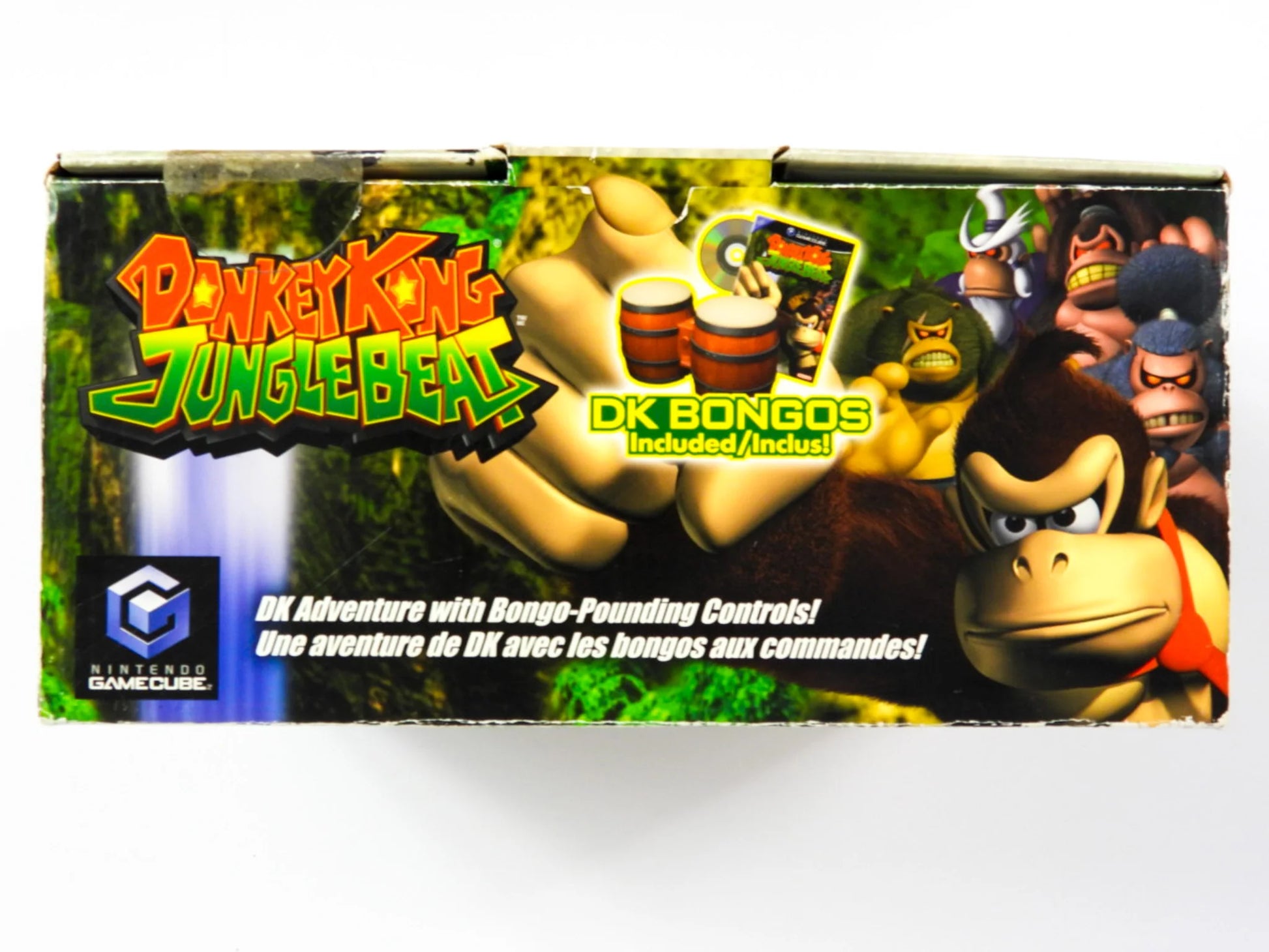 Donkey Kong Jungle Beat Nintendo GameCube DK Bongos Bundle missing original outer box side-scrolling 2.5D platformer action video game exclusive bongo drums controller peripheral unique rhythm-based platforming Nintendo EAD Tokyo developed front box (NOT INCLUDED)