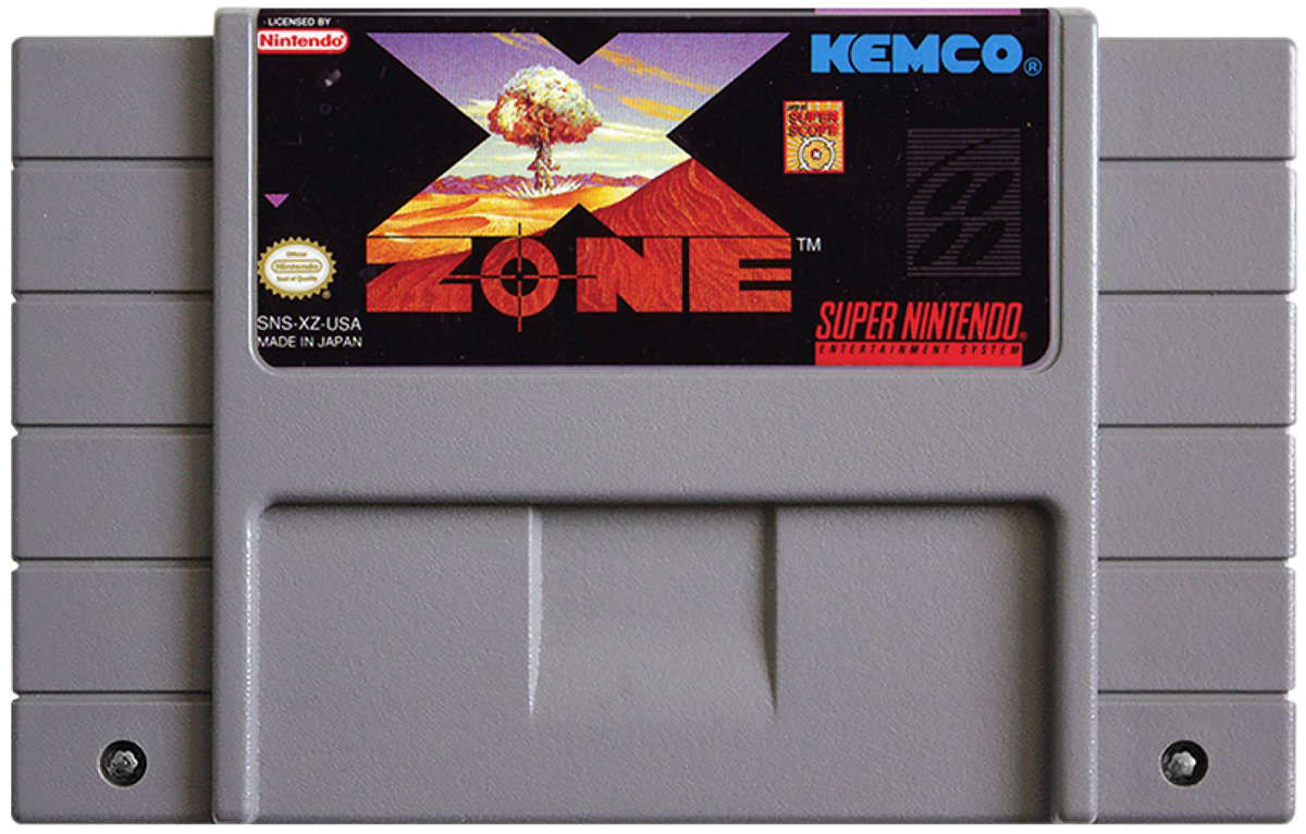 X Zone Super Nintendo Entertainment System SNES retro video game action shooting gameplay featuring fast paced arcade style combat challenging missions futuristic action mechanics classic 16 bit graphics Super Nintendo gaming experience retro game collection appeal cartridge