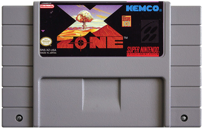 X Zone Super Nintendo Entertainment System SNES retro video game action shooting gameplay featuring fast paced arcade style combat challenging missions futuristic action mechanics classic 16 bit graphics Super Nintendo gaming experience retro game collection appeal cartridge
