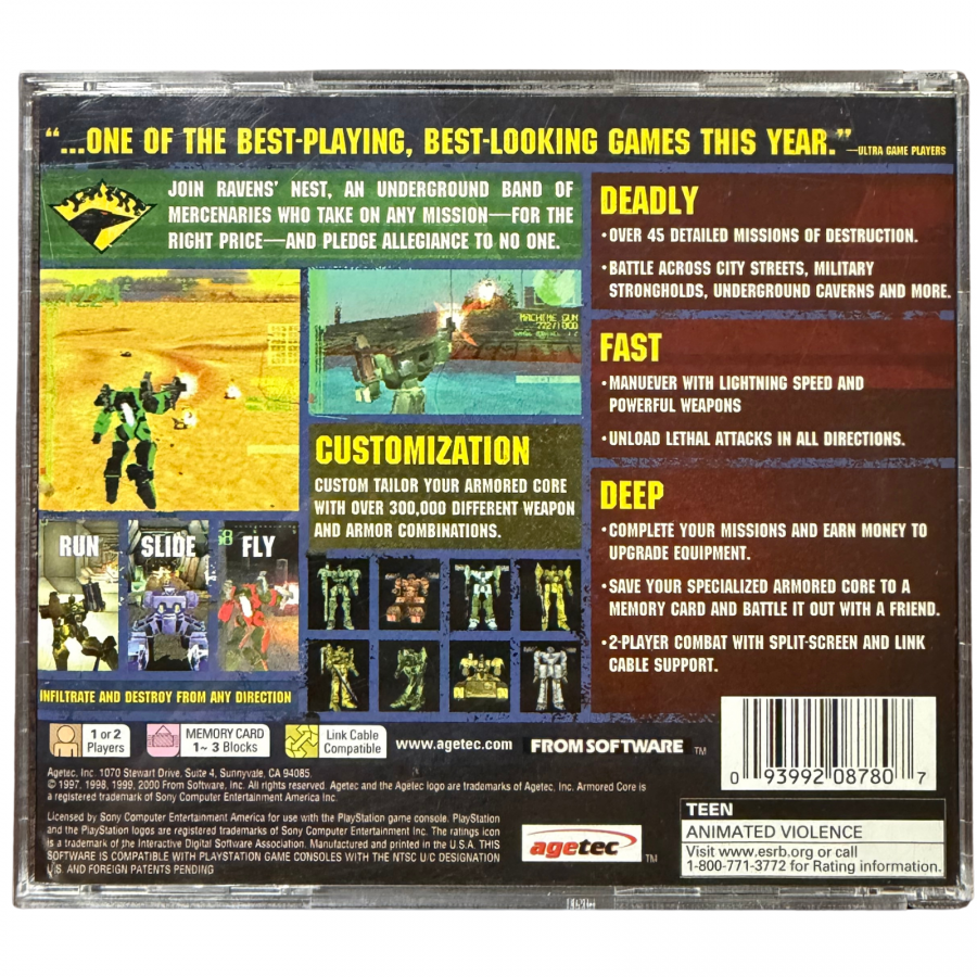 Armored Core PlayStation PS1 for mech action role playing video game fans featuring customizable giant robots intense combat missions futuristic environments weapon upgrades mech building arena battles challenging enemies and classic FromSoftware gameplay collectible retro PlayStation gaming appeal back cover art