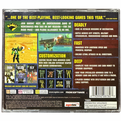 Armored Core PlayStation PS1 for mech action role playing video game fans featuring customizable giant robots intense combat missions futuristic environments weapon upgrades mech building arena battles challenging enemies and classic FromSoftware gameplay collectible retro PlayStation gaming appeal back cover art