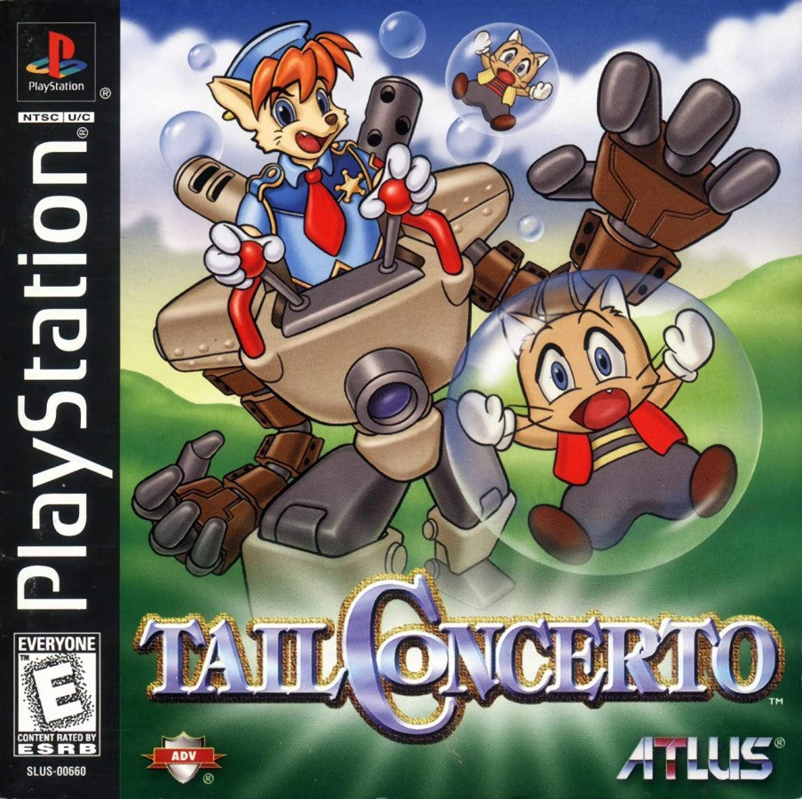 Tail Concerto PlayStation 1 PS1 for retro video game enthusiasts featuring action adventure platforming gameplay charming anthropomorphic characters colorful fantasy world exploration puzzle solving lighthearted storytelling mech based combat and collectible gaming appeal cover art