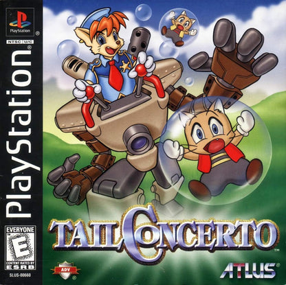 Tail Concerto PlayStation 1 PS1 for retro video game enthusiasts featuring action adventure platforming gameplay charming anthropomorphic characters colorful fantasy world exploration puzzle solving lighthearted storytelling mech based combat and collectible gaming appeal cover art