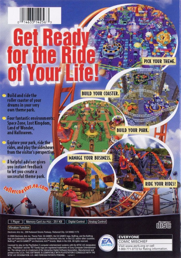 Theme Park Roller Coaster – PlayStation 2 (PS2) video game back of case, simulation and theme park management.