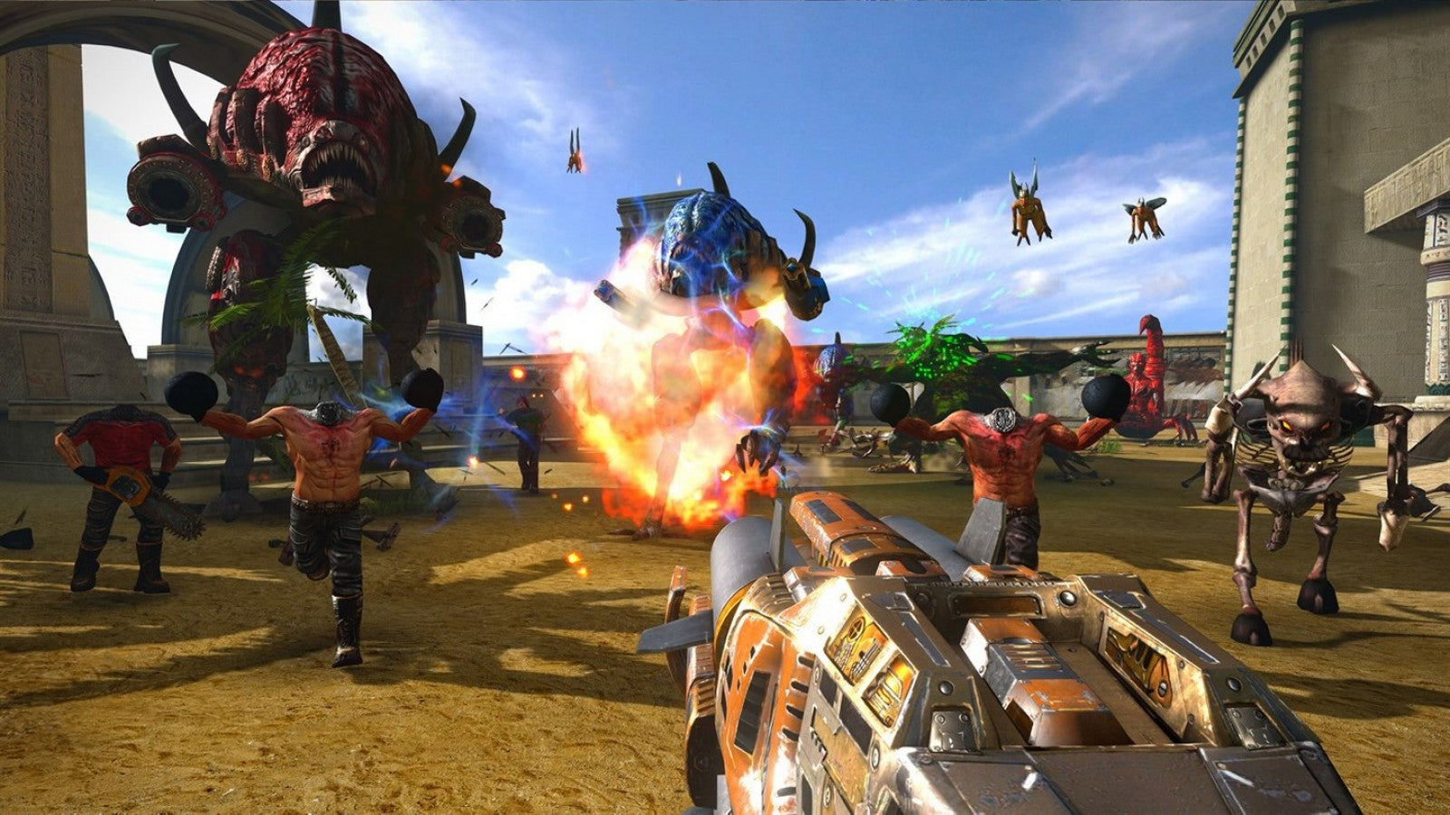 Serious Sam Collection Nintendo Switch inspired design featuring fast paced first person shooter anthology aesthetic chaotic arena combat hordes of enemies explosive weapon gameplay classic arcade style action sci fi environments high intensity retro shooter presentation gameplay
