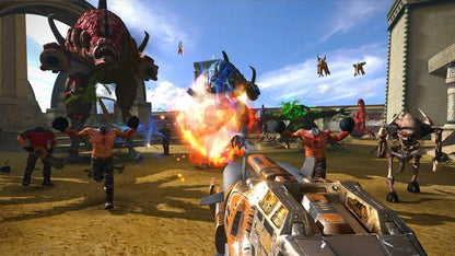 Serious Sam Collection Nintendo Switch inspired design featuring fast paced first person shooter anthology aesthetic chaotic arena combat hordes of enemies explosive weapon gameplay classic arcade style action sci fi environments high intensity retro shooter presentation gameplay