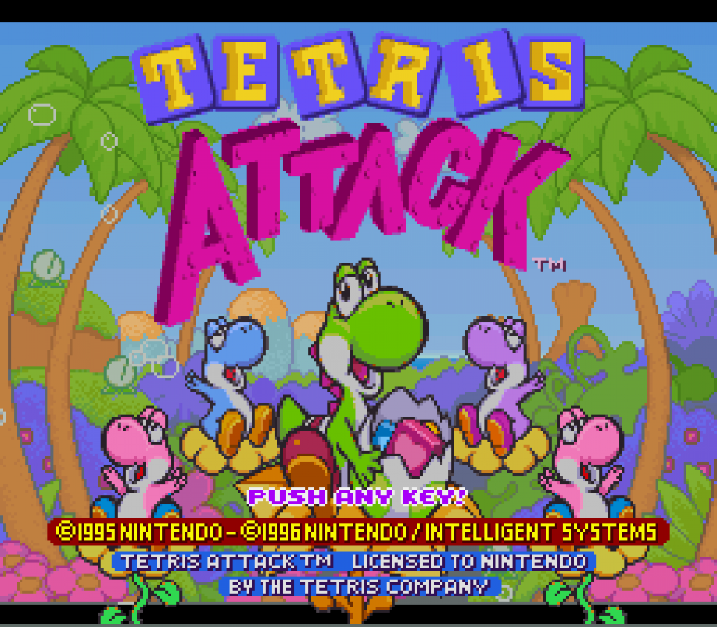 Tetris Attack for Super Nintendo Entertainment System with colorful tile-matching puzzle gameplay theme main menu