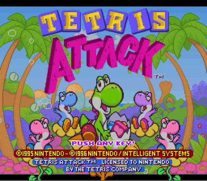 Tetris Attack for Super Nintendo Entertainment System with colorful tile-matching puzzle gameplay theme main menu