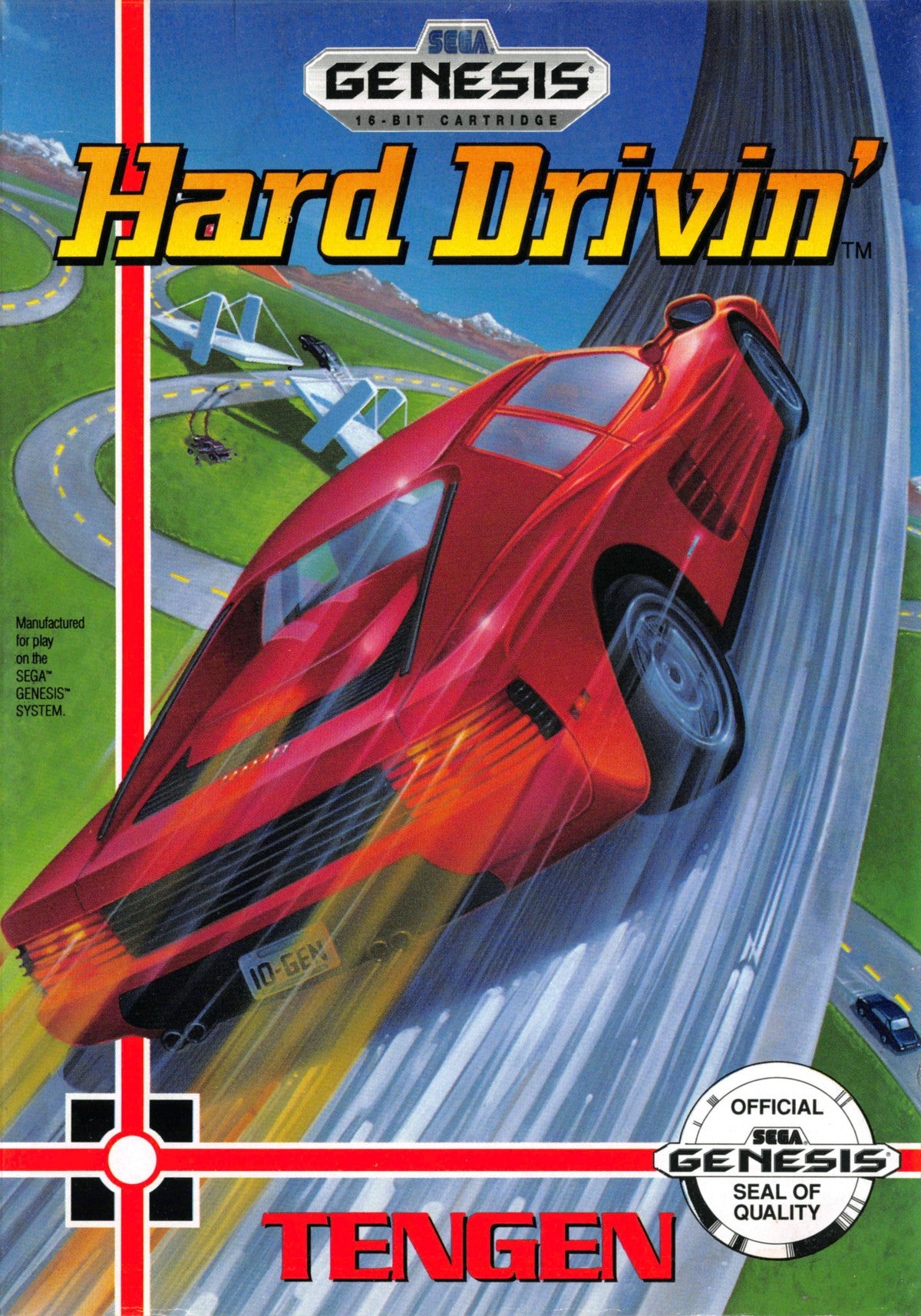 Hard Drivin Sega Genesis video game featuring early 3D racing simulation gameplay stunt tracks arcade style driving challenges and classic 16 bit Sega console retro racing title cover art