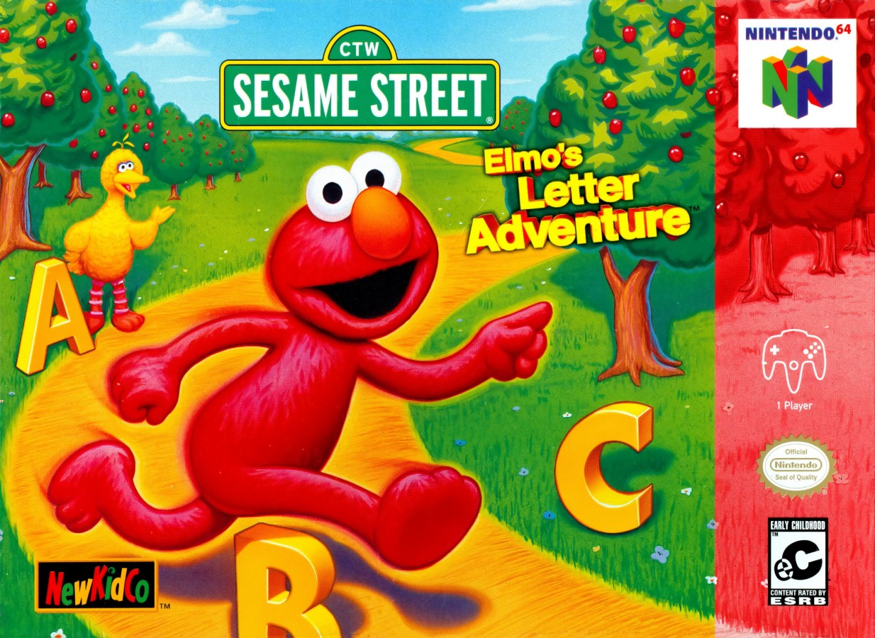 Elmo's Letter Adventure for Nintendo 64 educational platformer game featuring Sesame Street characters letter learning phonics activities children family gameplay front cover