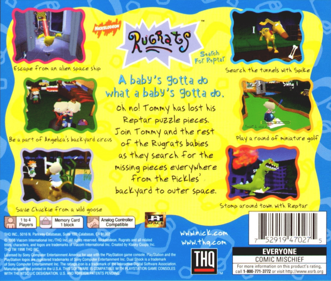 Rugrats: Search for Reptar back of case for PlayStation 1 (PS1) family platformer video game