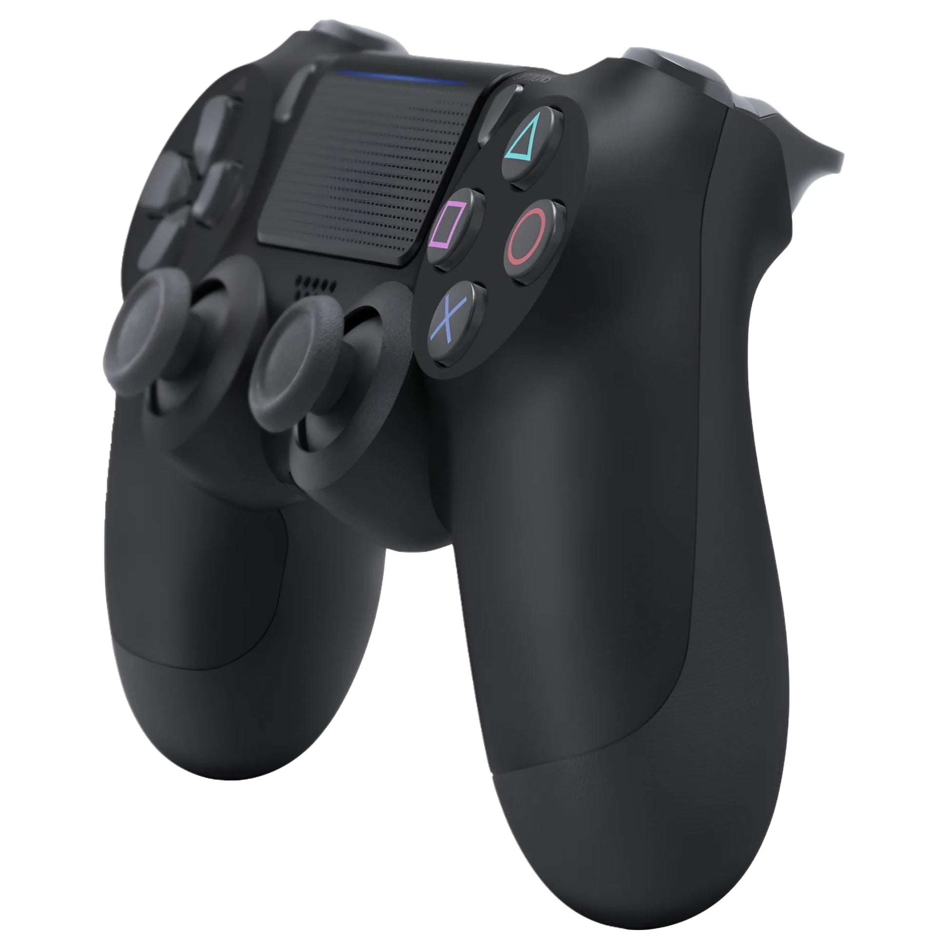 Black Sony DualShock 4 wireless controller for PlayStation 4 featuring touchpad, light bar, analog sticks, and ergonomic design